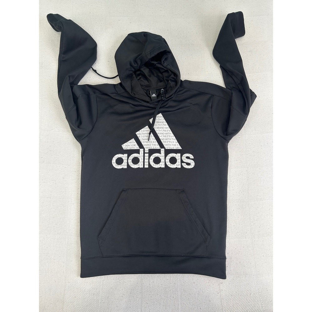 Adidas Climawarm Hoodie Mens Medium Black Graphic Logo Pullover Sweatshirt